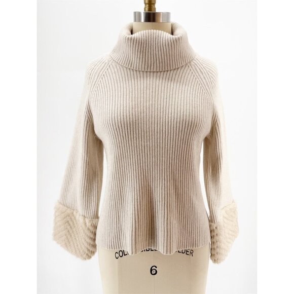 RAIN AND ROSE Beige Neutral Faux Fur Cuff Turtleneck Sweater - Picture 2 of 9
